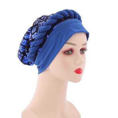 China New milk muslim turban baotou muslim headtie african silk arabic muslim braid hat with diamond shaped checkered sequins for sale