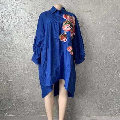 China African Traditional Loose Lantern Sleeve Sequin Embroidery Temperament Embroidery Sequin Dress Cotton Dress Shirt Mid Length T-shirt Dress for sale