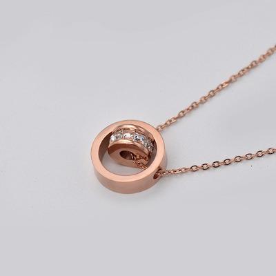 China Europe and America Rose Gold Double Ring Diamond Rotating Necklace Women's Stainless Steel Clavicle Chain for sale