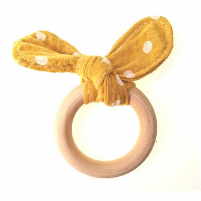 China Wooden beech wood baby teether ring with gauze bunny ears for sale