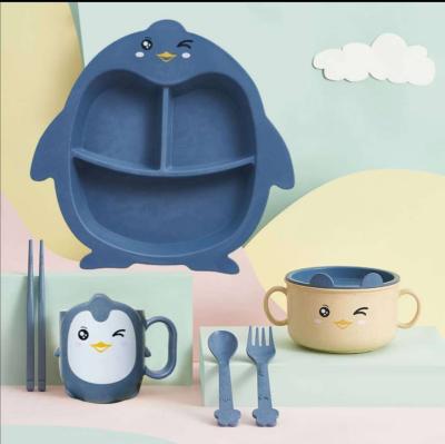 China Kids Baby Cartoon Penguin Dish Set Kids Separated Dinner Dish Tray Twisted Spoon Fork Feeding Dish Kids Gift for sale