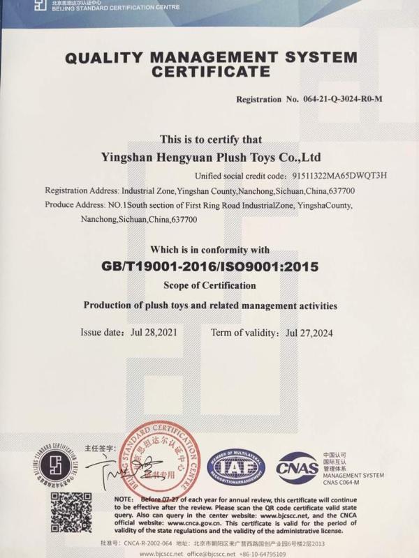 ISO9001 - Yingshan Hengyuan Plush Toys Co., Ltd.