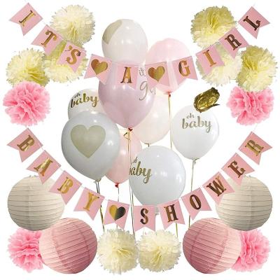 China Europe Baby Shower Decorations Kit with Banners Pom Poms Balloons and Lanterns - Rose Gold and White for sale