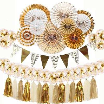 China Foil Gold Party Decorations 8 Pcs Paper Fan Flowers For Wedding Baby Shower Outdoor Wall Decorations for sale