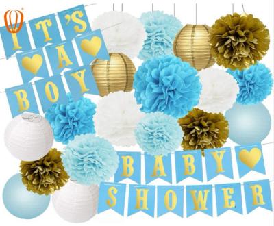 China Beautiful Colorful It's a Boy Banner Pom Poms HoneycombBalls Paper Lanterns Party Decorations for Boy's Baby Shower for sale