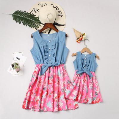 China Breathable Mother Daughter Family Patchwork Flower Print Denim Button Pearl Matching Dress for sale