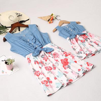 China Cute Floral Print Denim Summer Mommy And Kid Cotton Kids Design Breathable Splicing Girls Dress for sale