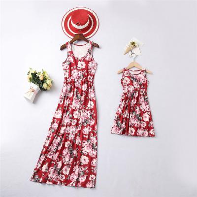 China 2022 Summer Fashion Design Breathable Floral Print Sleeveless Mommy And Me Matching Dress Family Clothing for sale