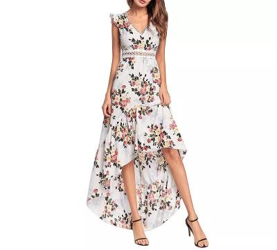 China 2022 Anti-Static Maxi Women Backless Slim Floral Print V-Neckline Bubble Waist Long Women Casual Dress for sale