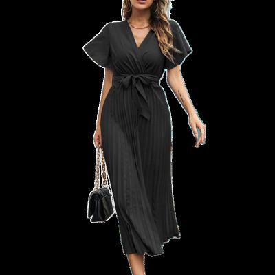 China 2022 Summer New Arrivals Ladies Anti-Static Chiffon Female Solid Sleeve Ruffles Pleated Women Casual Dress for sale