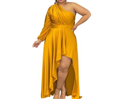 China 2022 breathable new arrives solid color sloping sexy asymmetrical spring shoulder plus size dress for sale