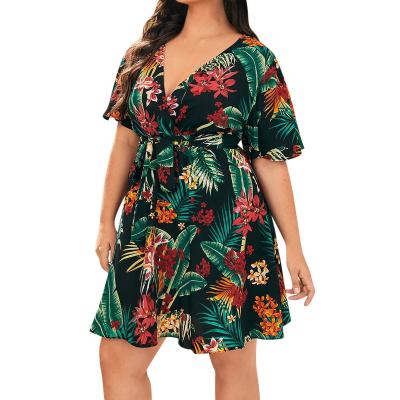 China 2022 Summer Fashion Anti-Static Printed V-Neckline Short Sheath Mini Plus Size Dress Loose for sale