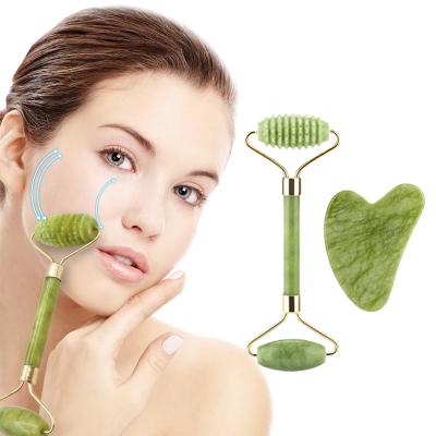 China Double Skin Massage Rollers 100% Natural Stone Anti Aging Beauty Jade Roller Gua Sha Sha For Face Jade Roller for sale