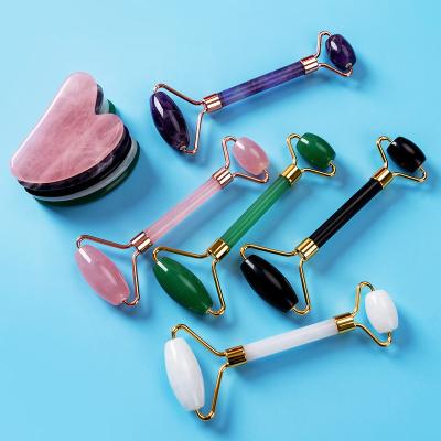 China Double rollers wholesale custom private label natural pink jade massage roller gua sha facial green blue white black crystal set for sale