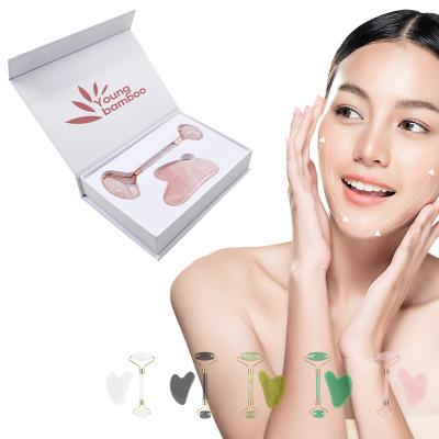 China Custom brand double rollers private label logo gua sha stone jade roller for face beauty tips gua sha jade roller for sale