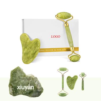 China Double Rollers 100% Natural Facial Green Jade Roller 2pcs/box Anti Aging Quartz Muscle Relaxing Relieve Wrinkles Jade Roller Gua Sha Box for sale