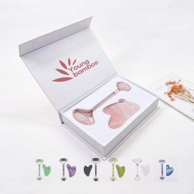 China Wholesale 100% natural stone custom logo white face jade roller and gua sha set for body care rose quartz face massage roller for sale