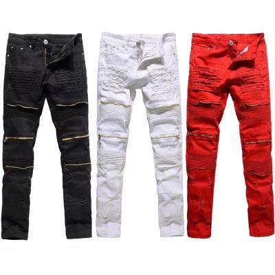 China Classic Slim Mens Breathable Jeans Fit Straight Full Length Biker Ripper Zipper Pants Mens Clothing Ripped Jeans for sale