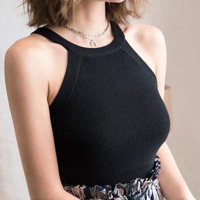 China Breathable Women Sexy Knitted Tops Shoulder Ribbed Crop Tops Invest Ladies Round Neck Sleeveless Solid Casual Tank Top for sale