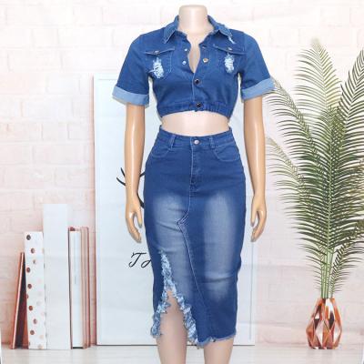 China European and American fashion sexy style breathable blue broken hole denim suit skirt lady for sale