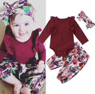 China QUICK DRY wine red ha of children's floral print pants INS clothes hair belt girls three-piece suit for sale