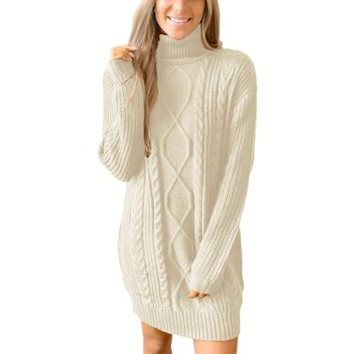 China Anti-wrinkle FYB Turtle Neck Cable Fisherman Long Line Tunic Long Sleeve Tight Sweaters Dress for sale