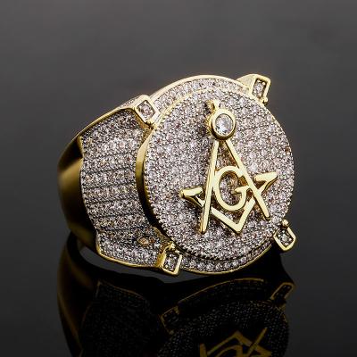 China Religious Bling Religious Ring Jewelry Making Full Iced Out Masonic Cubic Zirconia AG Freemason Ring For Men for sale