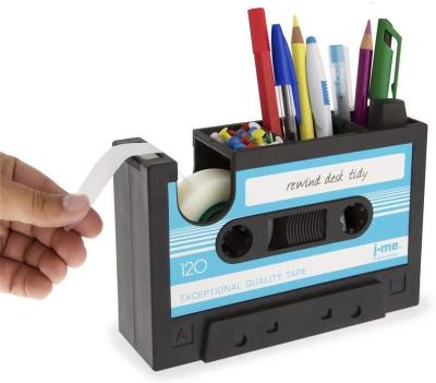 China Current Creative Desktop Stationery Dispenser Pen Holder Retro Cassette Tape Tidy Container, Office Stationery Storage Container for sale