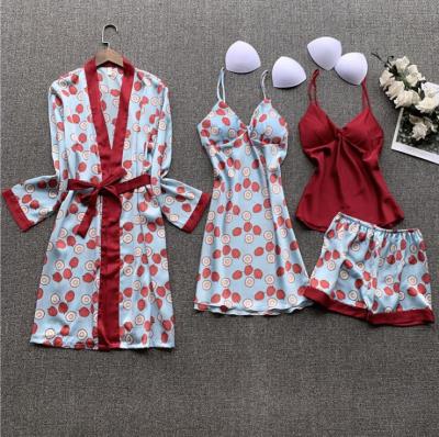 China YJC4012 Hot Sale Four Pieces Sets Lace Satin Night Pajamas Women Summer Homewear Bridal Robe Silk Bathrobe Set for sale