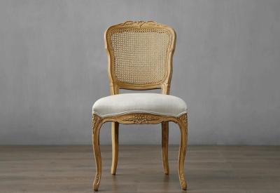 China Louis french style rattan back chair wood carved upholstered dining chair with linen fabric for sale