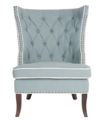 China Occasional bedroom loung leisure chair tufted back oak wood chair linen fabric with armrest nails for sale