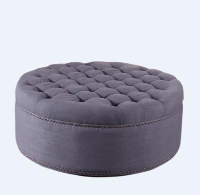 China Event wedding round button wooden ottoman linen fabric birch wood with sliver nails foot stool for sale