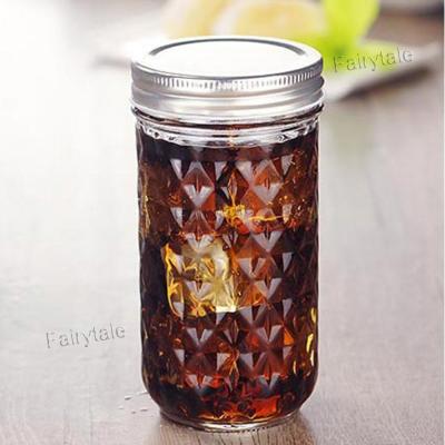 China Cover With Hole Fashion Catering Wholesale Diamond Glass Mason Jars Juice Tea Coffee Beverage Drink Cup Jam Bottle for sale