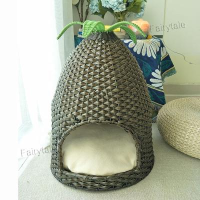 China China Viable Wholesale Luxury Pineapple Shaped Pet Cage PE Rattan Dog Bed For Teddy Corgi for sale