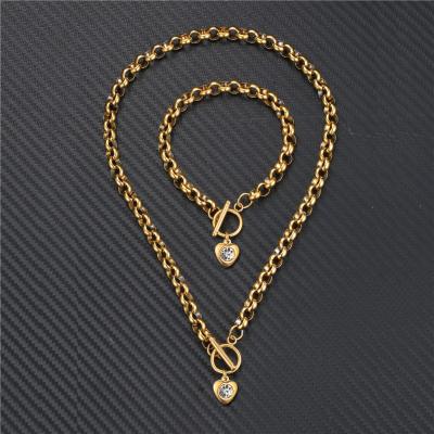 China New OT Trendy Hiphop Button O-Chain Necklace Bracelet Heart Crystal Gold Plated Stainless Steel Jewelry Sets for sale