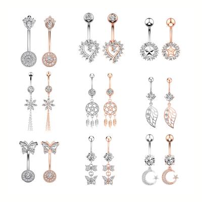 China New Design FASHION Zircon Stainless Steel Heart Surgical Belly Button Piercing Navel Rings Ring Long Tassel Leaf Pendant for sale