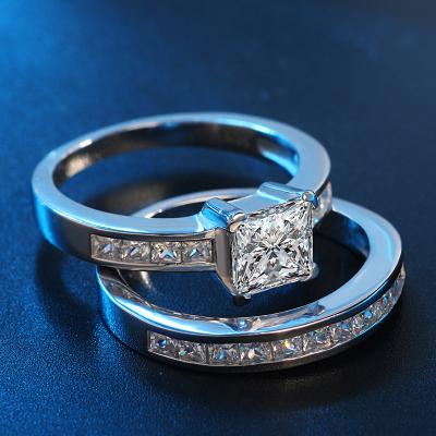 China FASHIONABLE 2pcs/set Platinum Plated Brass Zircon Couple Rings Wedding Engagement Ring for sale