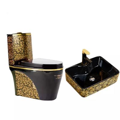 China Chaozhou Double-flush Down Wash Chinese Color Ceramic Siphonic Toilet Golden Toilet One-Piece Bathroom Set for sale