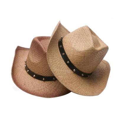 China Wholesale Simple Cheap Cowboy Hats Checked Straw Shapeable Straw Western Cowboy Hat With Strap for sale