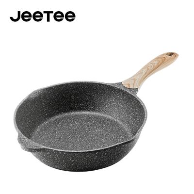 China OEM 32cm Stocked Aluminum Die Cast Large Deep Fry Pan Nonstick Marble Coating Frying Pan With Wooden Handle for sale