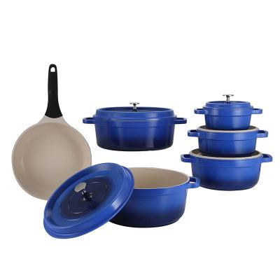 China Sustainable 11 Piece Blue Stick Enamel Pot Non Cooking Pot Cookware Set Pans and Pots for sale