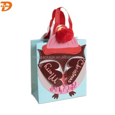 China Beautiful Recyclable Creative Handmade Owl Design Christmas Gift Paper Bag with Ribbon Handles for sale