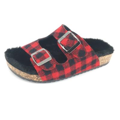 China Light Factory Fashion Two Buckle Custom Made Faux Fur Slides Kids Sandals Slippers For Girls And Students With Eva Sole for sale