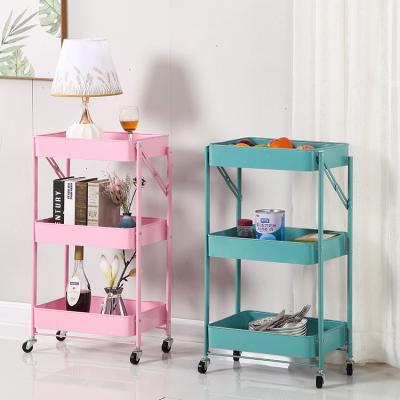 China Folding Serving Cart 3 Tiers Metal Roll Cart Foldable Storage Food Cart for Home for sale