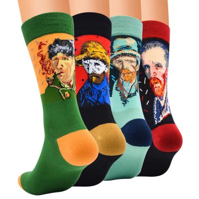 China Art XL-155 men's retro art retro happy socks painting series breathable cew jacquard design cotton sock for sale