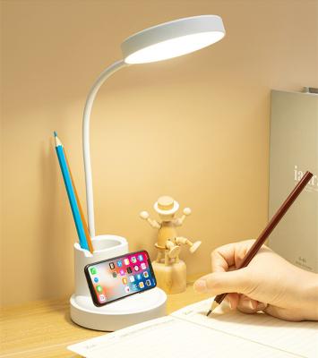 China Modern Rechargeable USB Gooseneck Eye Protection Desk Lamp Flexible Touch Dimming Portable Reading Table Lamp with Pen Holder for sale