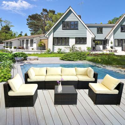 China Modern 7pc PE Wicker Modular Sofa Set Patio Rattan Sectional Furniture Outdoor Garden Conversation Set Customized Frame Set Style for sale