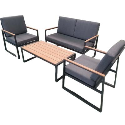 China Modern Outdoor Metal Furniture Plastic Wood Railing And Table Top Set Cushion Cover Garden Customized Waterproof Design for sale