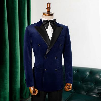 China MTM Anti-Shrink Bespoke Tusto Royal Blue Golden Velvet Slim Tuxedo Coat Tailor Men's Wedding Banquet Double Breasted Suit Dress for sale