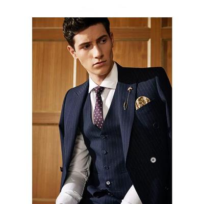 China MTM Custom Anti-Shrink Business Suit For Men Working Shop Mens 100%Wool Blue Stripe Formal Suit 3 Piece Set for sale